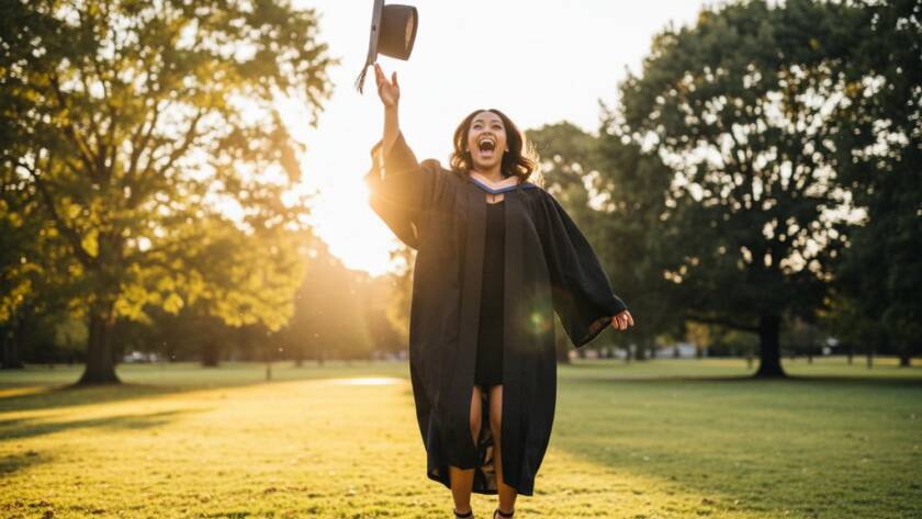 A jubilant graduate in cap and gown, framed by the lush greenery of a Hampton Park local park, mid-air after tossing their mortarboard, sun flares creating a golden halo, capturing the Hampton Park Graduation Photoshoot Experience in an epic moment of pure joy and achievement.