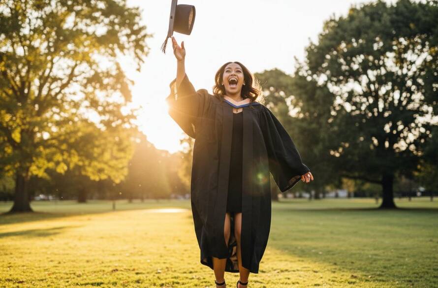 A jubilant graduate in cap and gown, framed by the lush greenery of a Hampton Park local park, mid-air after tossing their mortarboard, sun flares creating a golden halo, capturing the Hampton Park Graduation Photoshoot Experience in an epic moment of pure joy and achievement.