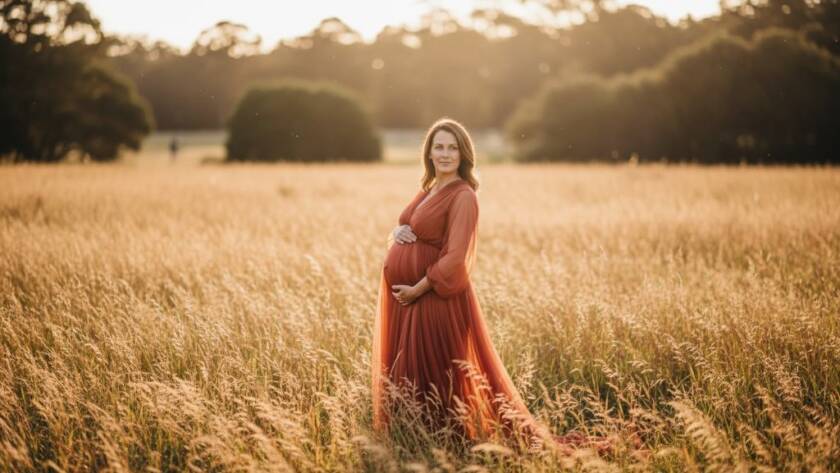 A radiant expectant mother in a flowing, rose-gold gown, silhouetted against a breathtaking golden hour sunset in a Hampton Park parkland. Her hand gently cradles her belly, capturing the magic of Hampton Park Maternity Photography Golden Hour with professional, dramatic lighting.