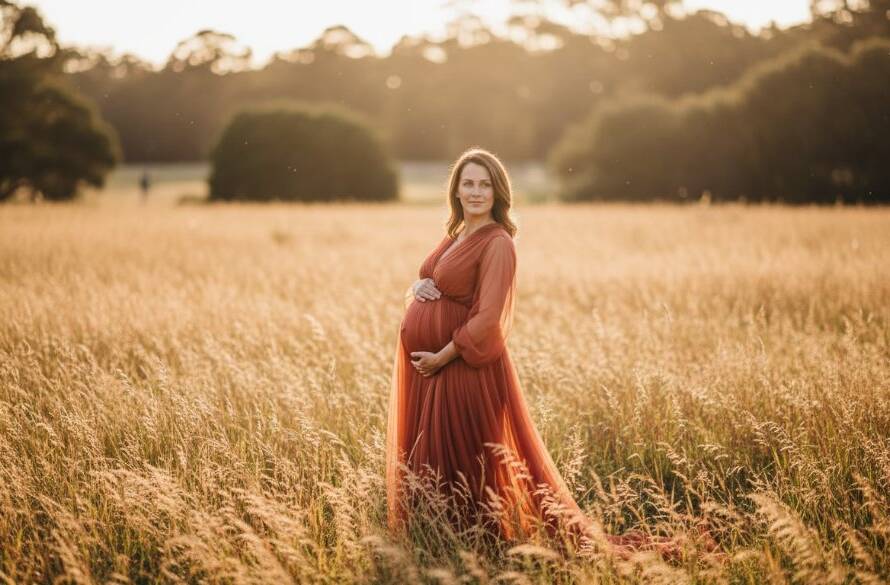 A radiant expectant mother in a flowing, rose-gold gown, silhouetted against a breathtaking golden hour sunset in a Hampton Park parkland. Her hand gently cradles her belly, capturing the magic of Hampton Park Maternity Photography Golden Hour with professional, dramatic lighting.