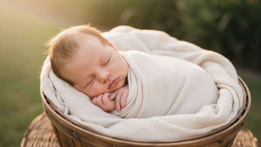 A heartwarming, professional portrait capturing a serene baby swaddled in natural light amidst a lush, soft green backdrop in Hampton Park, embodying the beauty of Hampton Park natural light baby photography.