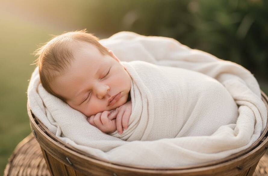 A heartwarming, professional portrait capturing a serene baby swaddled in natural light amidst a lush, soft green backdrop in Hampton Park, embodying the beauty of Hampton Park natural light baby photography.