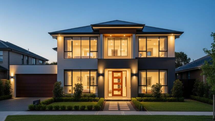 Dramatic, high-angle twilight shot showcasing a modern family home in Hampton Park with beautifully lit interiors and a manicured garden, capturing the essence of premium Hampton Park real estate photography for premium property listings at dusk.