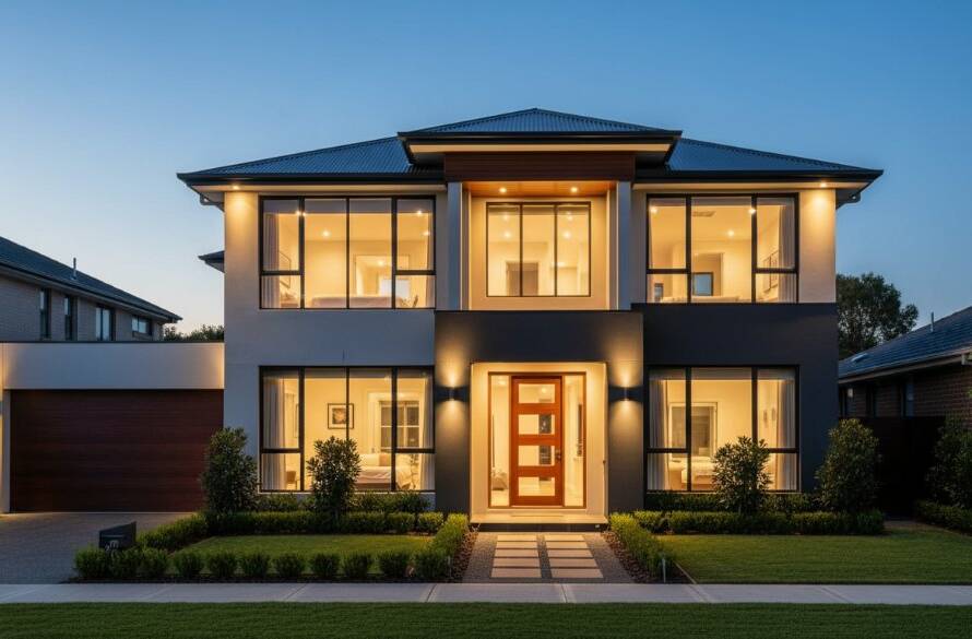 Dramatic, high-angle twilight shot showcasing a modern family home in Hampton Park with beautifully lit interiors and a manicured garden, capturing the essence of premium Hampton Park real estate photography for premium property listings at dusk.