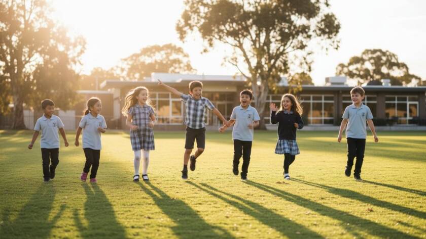 An epic moment in Hampton Park school photography capturing genuine student joy, showing a group of diverse students laughing and interacting under dramatic, warm sunlight on a school oval, with native Australian trees in the background.