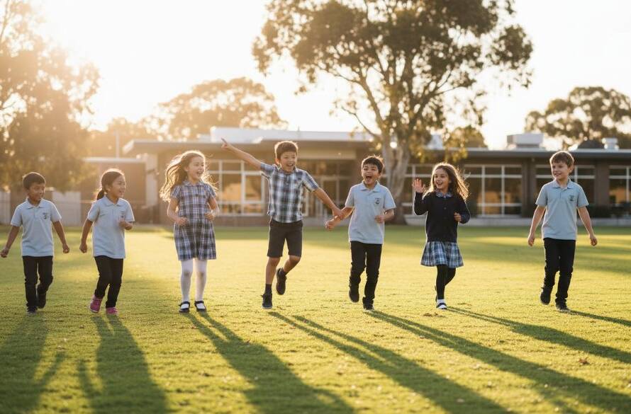 An epic moment in Hampton Park school photography capturing genuine student joy, showing a group of diverse students laughing and interacting under dramatic, warm sunlight on a school oval, with native Australian trees in the background.