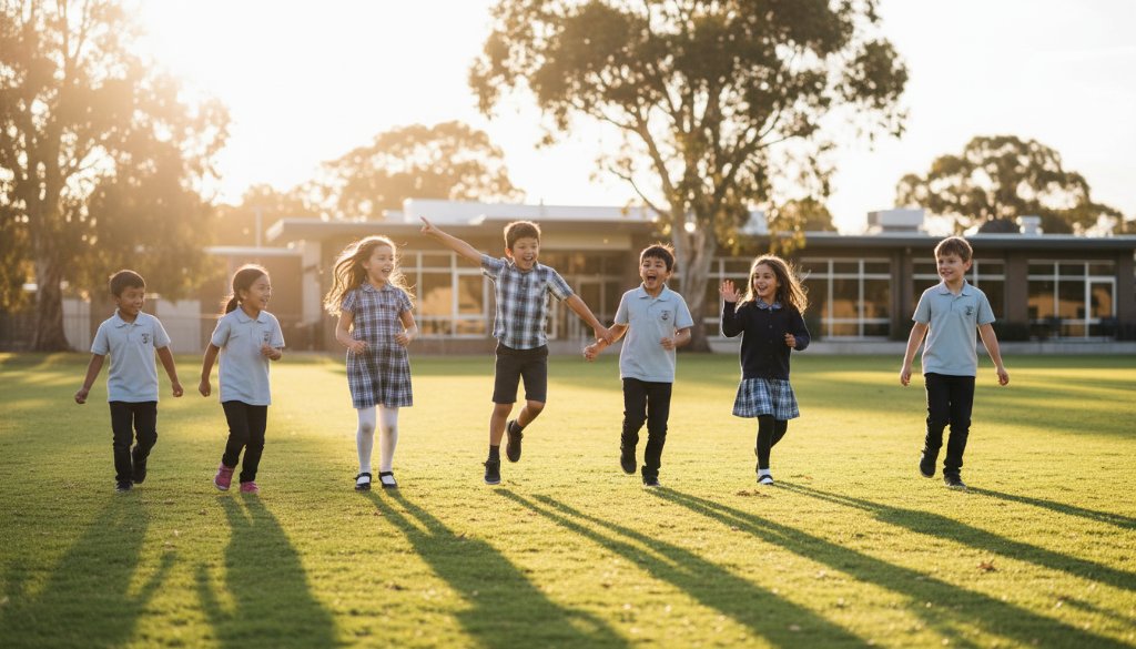 An epic moment in Hampton Park school photography capturing genuine student joy, showing a group of diverse students laughing and interacting under dramatic, warm sunlight on a school oval, with native Australian trees in the background.