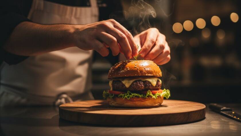 An epic moment of a vibrant food photography shoot for a local business in Hampton Park, Victoria, Australia, featuring a chef presenting a beautifully plated dish under dramatic, warm lighting, capturing steam and rich textures, with a soft, blurred background of a bustling eatery.
