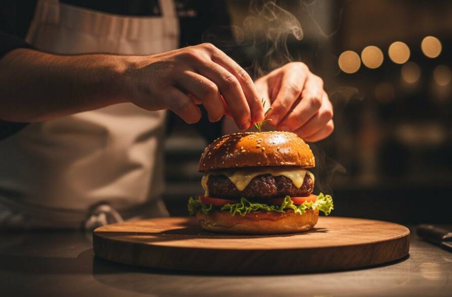 An epic moment of a vibrant food photography shoot for a local business in Hampton Park, Victoria, Australia, featuring a chef presenting a beautifully plated dish under dramatic, warm lighting, capturing steam and rich textures, with a soft, blurred background of a bustling eatery.