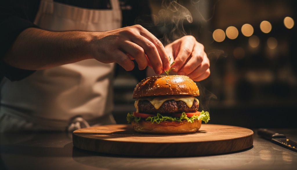 An epic moment of a vibrant food photography shoot for a local business in Hampton Park, Victoria, Australia, featuring a chef presenting a beautifully plated dish under dramatic, warm lighting, capturing steam and rich textures, with a soft, blurred background of a bustling eatery.