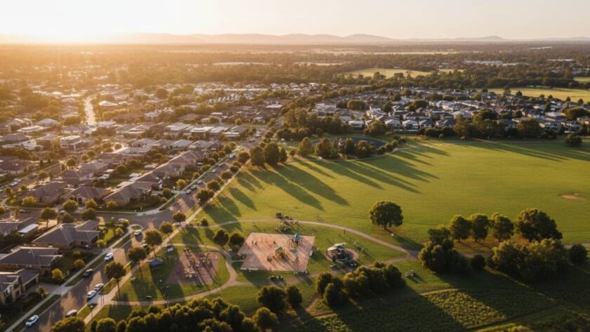 An epic drone shot capturing the vibrant community and sprawling green spaces of Hampton Park, Victoria, at sunrise, with golden light illuminating a local park and residential area, showcasing stunning aerial photography.