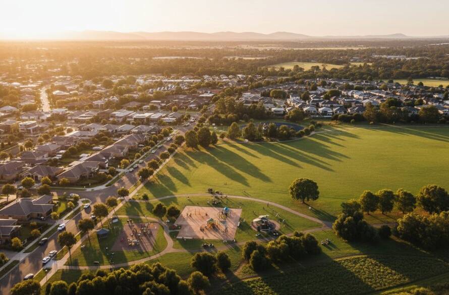 An epic drone shot capturing the vibrant community and sprawling green spaces of Hampton Park, Victoria, at sunrise, with golden light illuminating a local park and residential area, showcasing stunning aerial photography.
