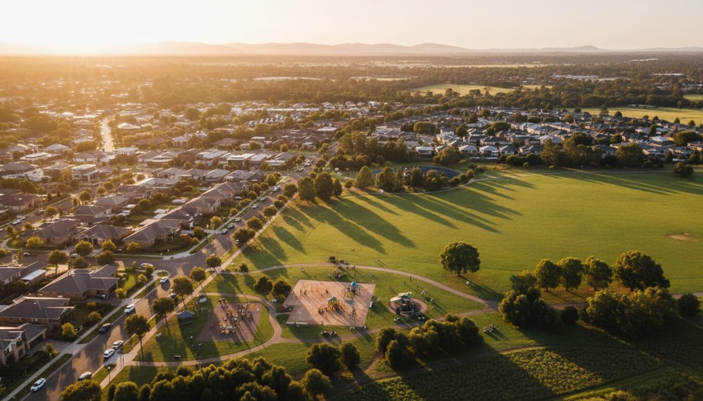 An epic drone shot capturing the vibrant community and sprawling green spaces of Hampton Park, Victoria, at sunrise, with golden light illuminating a local park and residential area, showcasing stunning aerial photography.