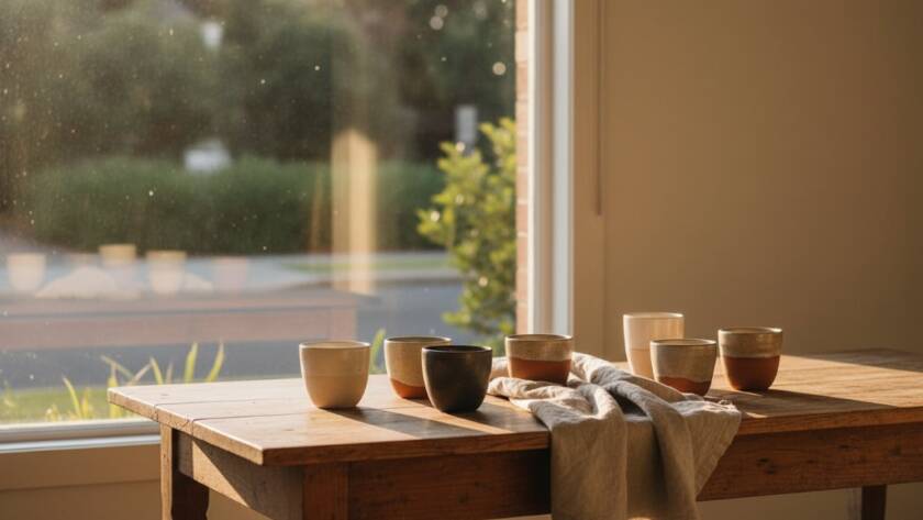 Dramatic, cinematic shot of beautifully styled artisanal ceramics by a sun-drenched window in a Hampton studio, showcasing Hampton Victoria bespoke product photography for local artisans with exquisite detail and natural light.