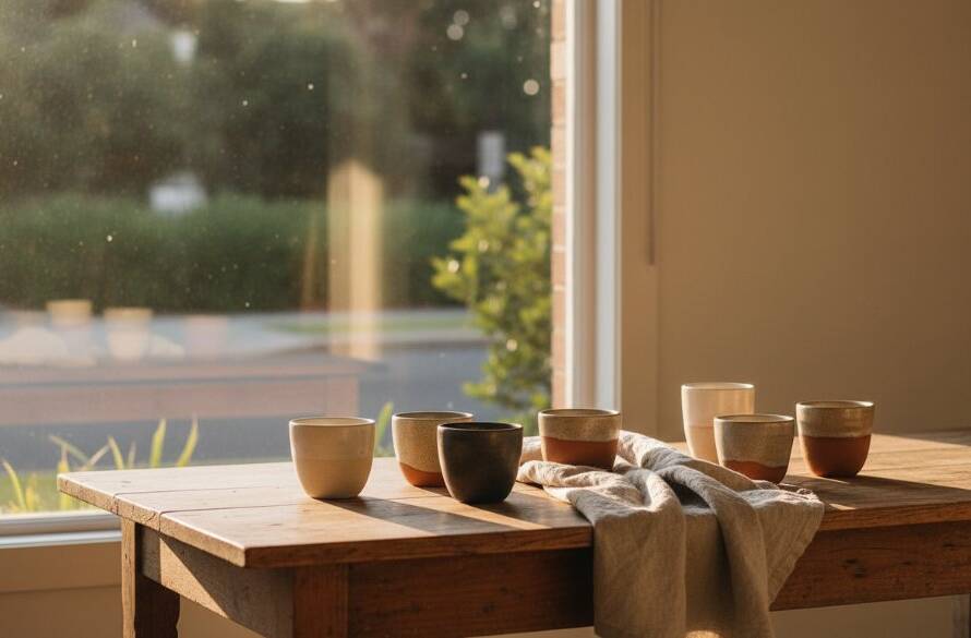Dramatic, cinematic shot of beautifully styled artisanal ceramics by a sun-drenched window in a Hampton studio, showcasing Hampton Victoria bespoke product photography for local artisans with exquisite detail and natural light.