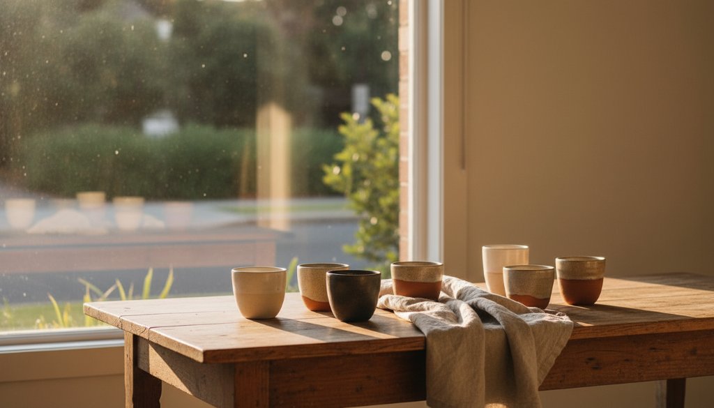 Dramatic, cinematic shot of beautifully styled artisanal ceramics by a sun-drenched window in a Hampton studio, showcasing Hampton Victoria bespoke product photography for local artisans with exquisite detail and natural light.