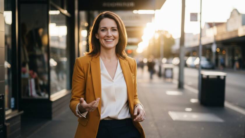A dynamic, epic moment shot showcasing a confident female entrepreneur in Hampton, Victoria, receiving a professional Branding Photography Boost, captured against the vibrant backdrop of Hampton Street's cafes, exuding professionalism and local charm.