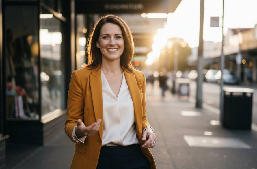A dynamic, epic moment shot showcasing a confident female entrepreneur in Hampton, Victoria, receiving a professional Branding Photography Boost, captured against the vibrant backdrop of Hampton Street's cafes, exuding professionalism and local charm.