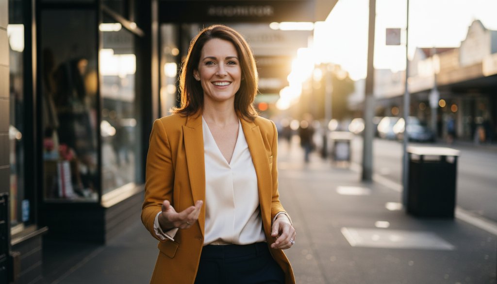 A dynamic, epic moment shot showcasing a confident female entrepreneur in Hampton, Victoria, receiving a professional Branding Photography Boost, captured against the vibrant backdrop of Hampton Street's cafes, exuding professionalism and local charm.
