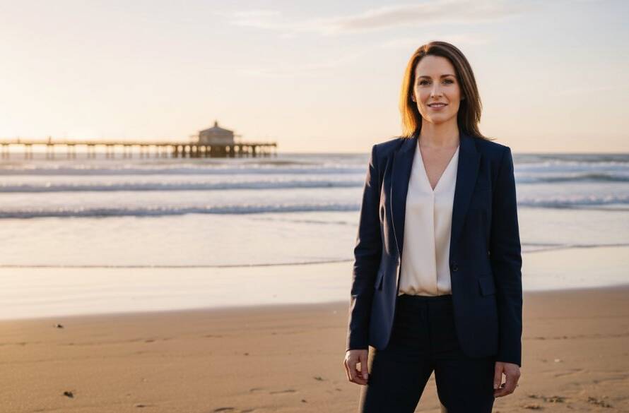 A dynamic, cinematic close-up of a confident female professional in Hampton, Victoria, receiving Hampton Victoria corporate headshots for local professionals, with the warm, golden light of a bayside sunrise illuminating her determined expression, showcasing strength and approachability.
