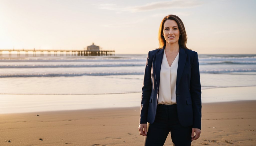 A dynamic, cinematic close-up of a confident female professional in Hampton, Victoria, receiving Hampton Victoria corporate headshots for local professionals, with the warm, golden light of a bayside sunrise illuminating her determined expression, showcasing strength and approachability.