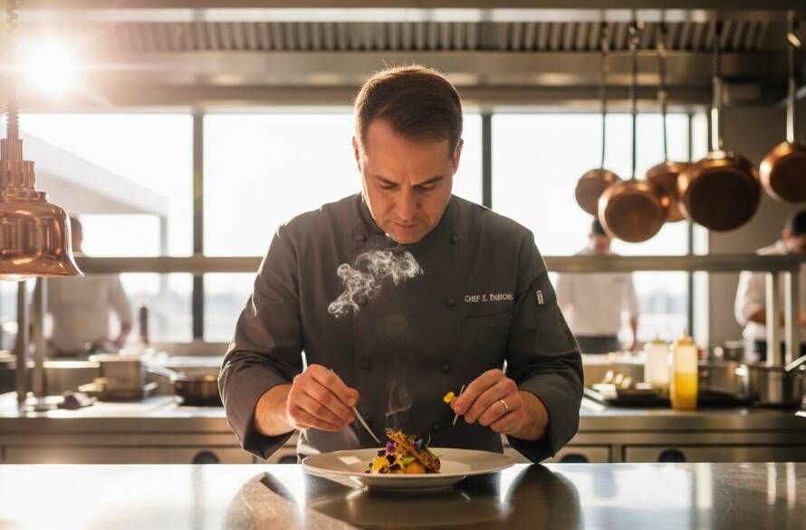A wide-angle, dramatic shot showcasing a modern, vibrant cafe in Hampton, Victoria, with a barista expertly crafting a coffee, bathed in warm morning light, representing professional Hampton Victoria dynamic commercial photography services.