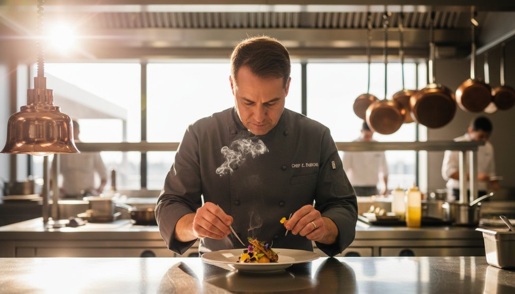 A wide-angle, dramatic shot showcasing a modern, vibrant cafe in Hampton, Victoria, with a barista expertly crafting a coffee, bathed in warm morning light, representing professional Hampton Victoria dynamic commercial photography services.