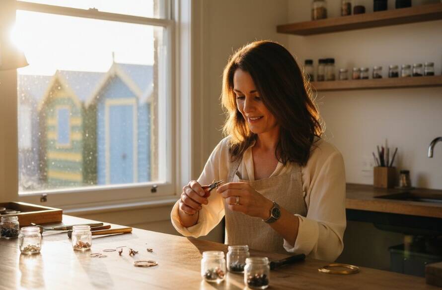 Dynamic editorial photograph capturing the essence of Hampton Victoria editorial photography business storytelling, showing a local business owner passionately discussing their craft with a client by the Hampton beach boxes at sunset, dramatic golden hour lighting.