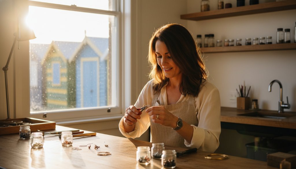 Dynamic editorial photograph capturing the essence of Hampton Victoria editorial photography business storytelling, showing a local business owner passionately discussing their craft with a client by the Hampton beach boxes at sunset, dramatic golden hour lighting.