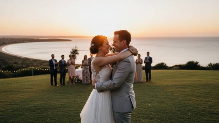 An emotional wide shot of a couple's joyful embrace during an outdoor wedding reception at sunset, overlooking Hampton Beach, beautifully captured by Hampton Victoria event photography capturing genuine moments, with dramatic golden hour light and warm professional colour grading.