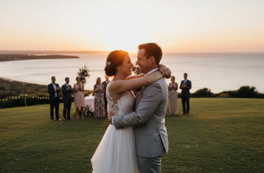 An emotional wide shot of a couple's joyful embrace during an outdoor wedding reception at sunset, overlooking Hampton Beach, beautifully captured by Hampton Victoria event photography capturing genuine moments, with dramatic golden hour light and warm professional colour grading.
