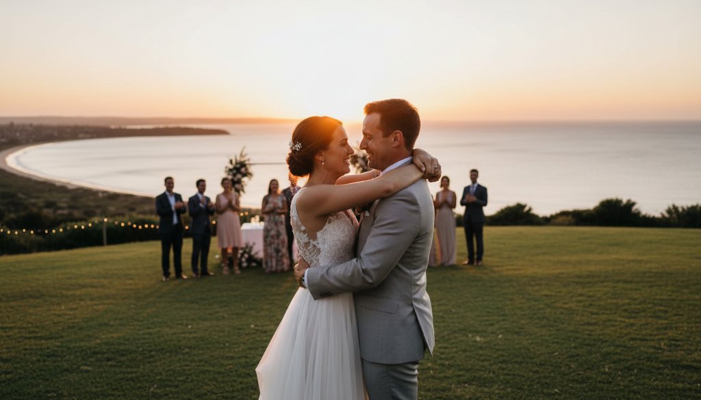 An emotional wide shot of a couple's joyful embrace during an outdoor wedding reception at sunset, overlooking Hampton Beach, beautifully captured by Hampton Victoria event photography capturing genuine moments, with dramatic golden hour light and warm professional colour grading.