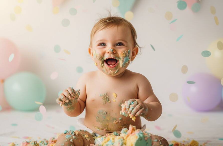 A joyous baby in a Hampton studio, covered in cake, laughing amidst vibrant balloons and soft lighting, captured in an 'epic moment' style for Hampton Victoria first birthday cake smash photography.