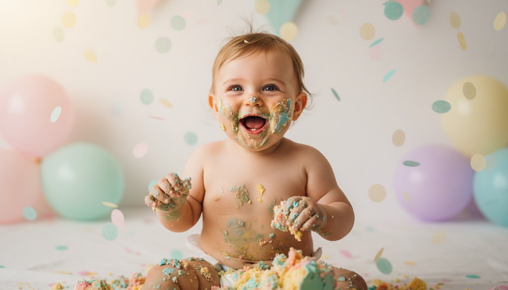 A joyous baby in a Hampton studio, covered in cake, laughing amidst vibrant balloons and soft lighting, captured in an 'epic moment' style for Hampton Victoria first birthday cake smash photography.