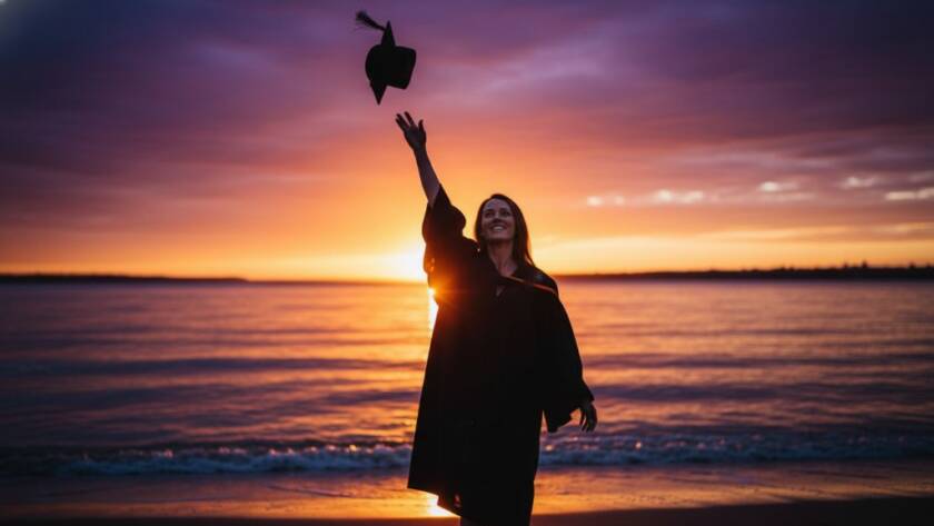A radiant graduate in Hampton Victoria, cap triumphantly thrown high against a sunset sky over Port Phillip Bay, celebrating their academic achievement in an epic moment of Hampton Victoria graduation photography capturing cherished moments, with dramatic golden hour lighting and bokeh.