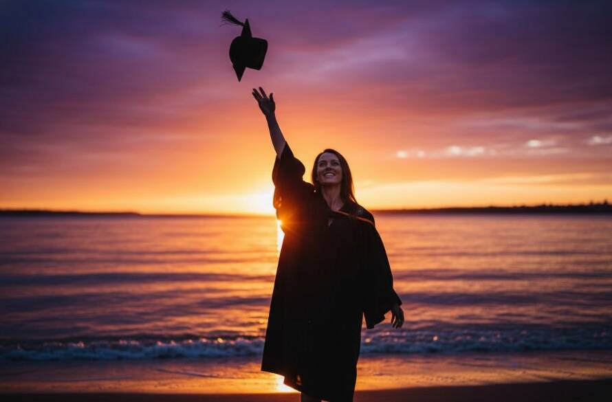 A radiant graduate in Hampton Victoria, cap triumphantly thrown high against a sunset sky over Port Phillip Bay, celebrating their academic achievement in an epic moment of Hampton Victoria graduation photography capturing cherished moments, with dramatic golden hour lighting and bokeh.