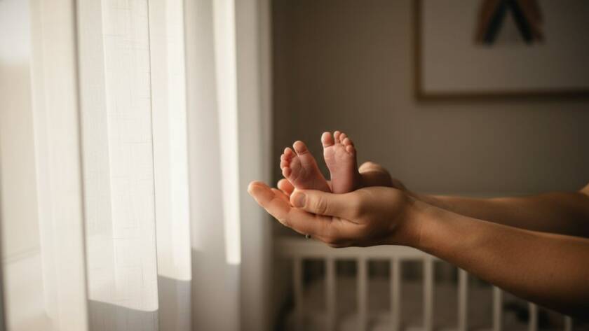 Dramatic, cinematic shot of a loving parent gently holding their sleeping newborn baby in a soft, natural light-filled Hampton home, highlighting the delicate features and profound connection, for Hampton Victoria heartfelt newborn photography.