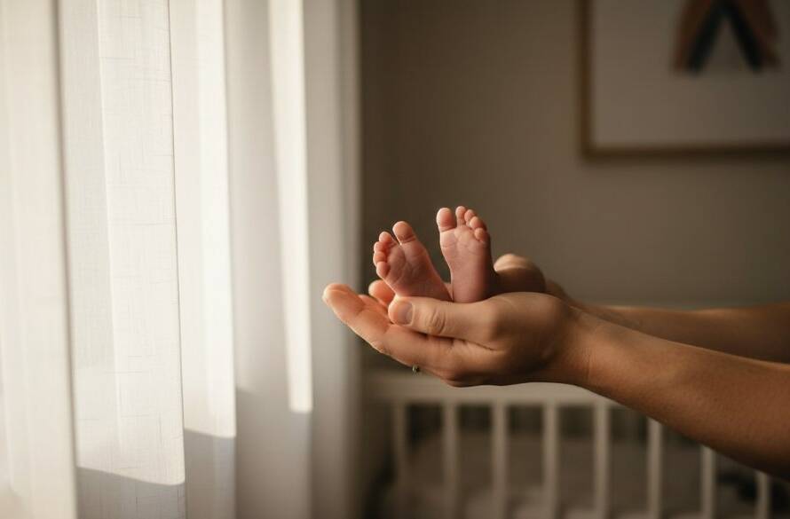 Dramatic, cinematic shot of a loving parent gently holding their sleeping newborn baby in a soft, natural light-filled Hampton home, highlighting the delicate features and profound connection, for Hampton Victoria heartfelt newborn photography.