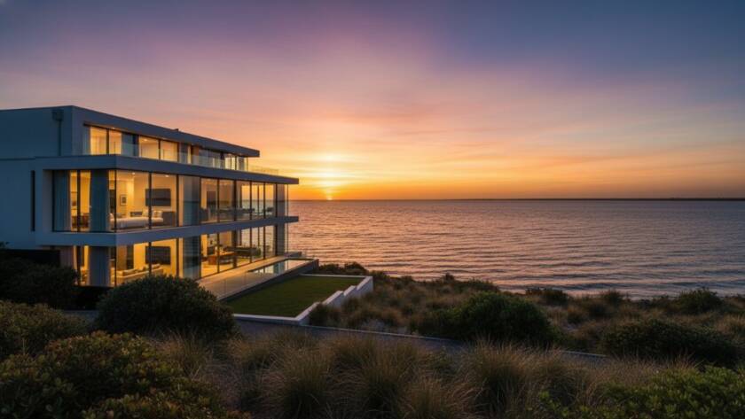 An epic wide-angle shot showcasing a stunning Hampton Victoria luxury home photography specialist's work, capturing a grand modern residence at twilight with warm interior lights glowing, overlooking a serene Bayside beach at sunset with soft, golden hour light, reflecting on calm water, perfect composition for high-end real estate marketing.