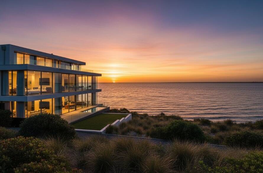 An epic wide-angle shot showcasing a stunning Hampton Victoria luxury home photography specialist's work, capturing a grand modern residence at twilight with warm interior lights glowing, overlooking a serene Bayside beach at sunset with soft, golden hour light, reflecting on calm water, perfect composition for high-end real estate marketing.