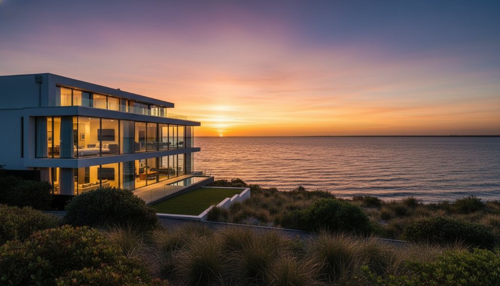 An epic wide-angle shot showcasing a stunning Hampton Victoria luxury home photography specialist's work, capturing a grand modern residence at twilight with warm interior lights glowing, overlooking a serene Bayside beach at sunset with soft, golden hour light, reflecting on calm water, perfect composition for high-end real estate marketing.