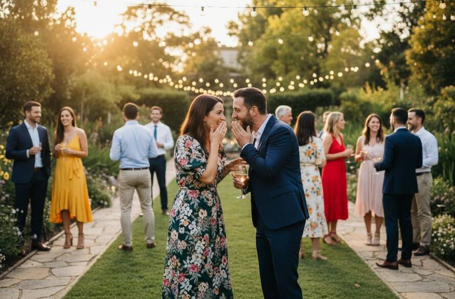 A vibrant and joyful wide-angle shot of guests laughing and dancing under string lights at a garden party in Hampton, Victoria, expertly captured by a professional party photographer, with the focus keyphrase Hampton Victoria party photography capturing candid joy highlighted through the genuine expressions and lively atmosphere.