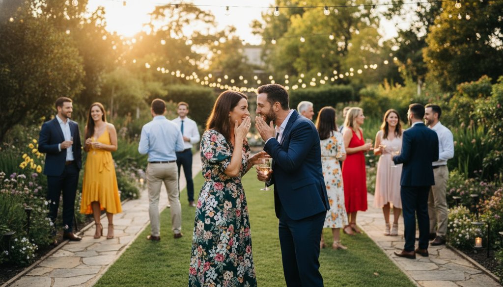 A vibrant and joyful wide-angle shot of guests laughing and dancing under string lights at a garden party in Hampton, Victoria, expertly captured by a professional party photographer, with the focus keyphrase Hampton Victoria party photography capturing candid joy highlighted through the genuine expressions and lively atmosphere.