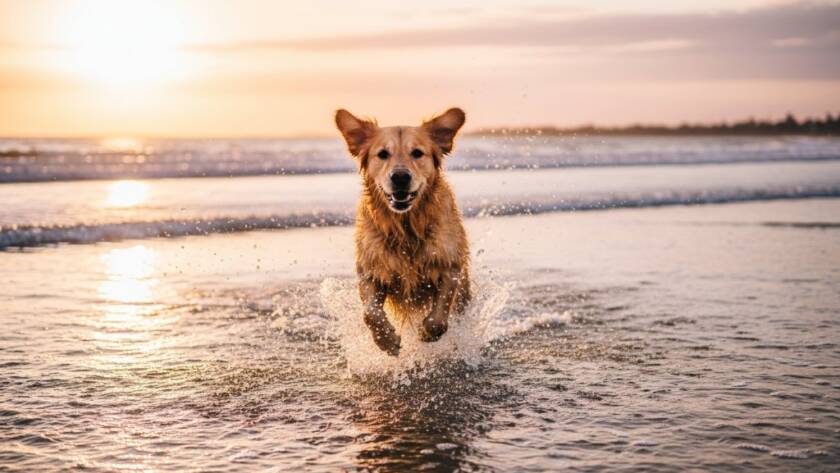 An 'epic moment' style professional photograph showing a golden retriever mid-leap on Hampton beach at sunset, joyfully splashing through shallow water with an owner in the background, captured with dramatic backlighting and professional colour grading, emphasizing the focus keyphrase Hampton Victoria pet photography capturing joyful moments.
