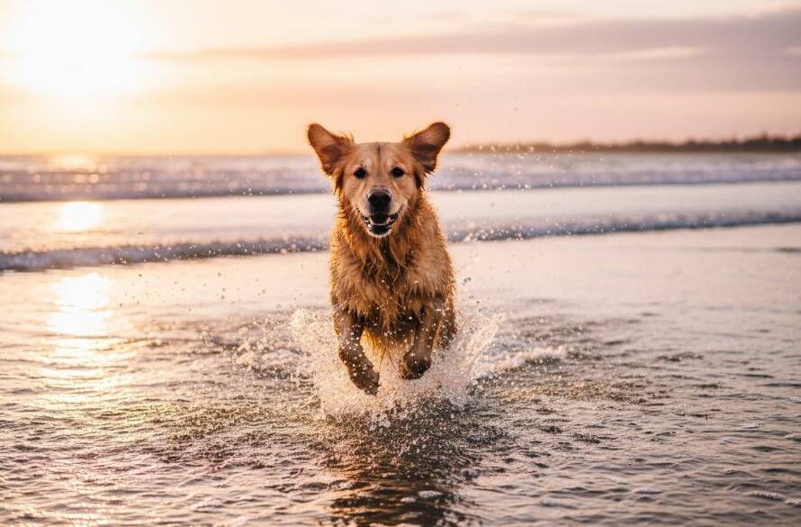 An 'epic moment' style professional photograph showing a golden retriever mid-leap on Hampton beach at sunset, joyfully splashing through shallow water with an owner in the background, captured with dramatic backlighting and professional colour grading, emphasizing the focus keyphrase Hampton Victoria pet photography capturing joyful moments.