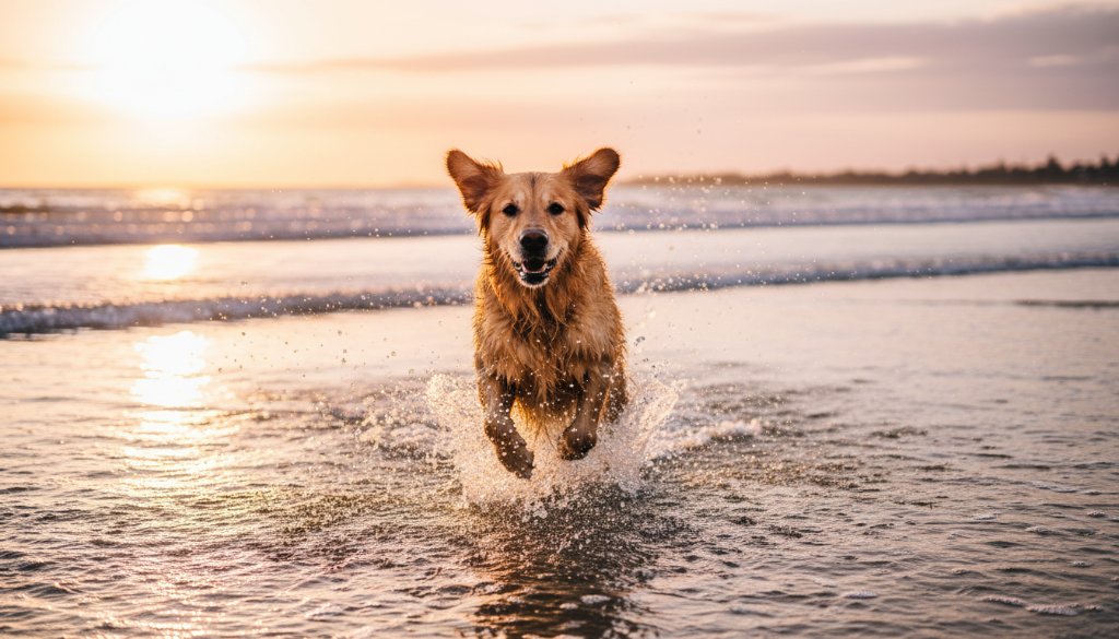 An 'epic moment' style professional photograph showing a golden retriever mid-leap on Hampton beach at sunset, joyfully splashing through shallow water with an owner in the background, captured with dramatic backlighting and professional colour grading, emphasizing the focus keyphrase Hampton Victoria pet photography capturing joyful moments.