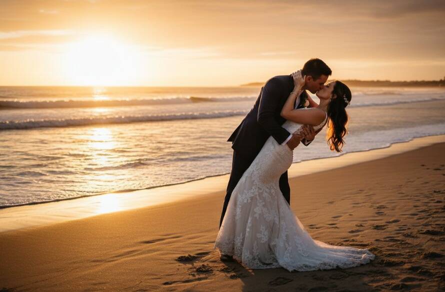 A stunning, cinematic photograph capturing a tender, genuine Hampton Victoria wedding photography candid moment of a newlywed couple embracing on Hampton Beach at sunset, with golden hour light silhouetting them against the ocean, showcasing their pure joy and emotional connection in a professionally colour-graded shot.