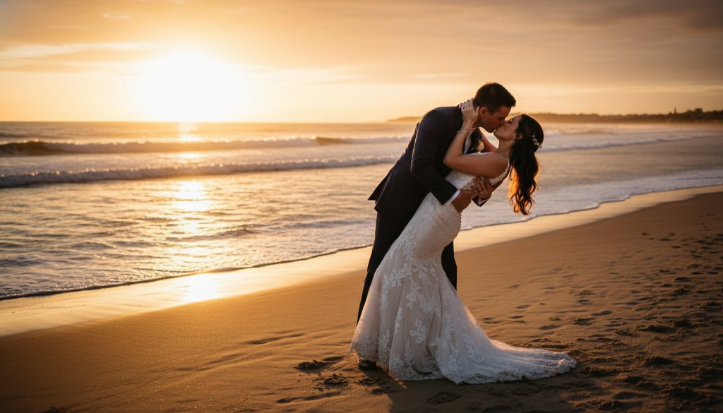 A stunning, cinematic photograph capturing a tender, genuine Hampton Victoria wedding photography candid moment of a newlywed couple embracing on Hampton Beach at sunset, with golden hour light silhouetting them against the ocean, showcasing their pure joy and emotional connection in a professionally colour-graded shot.