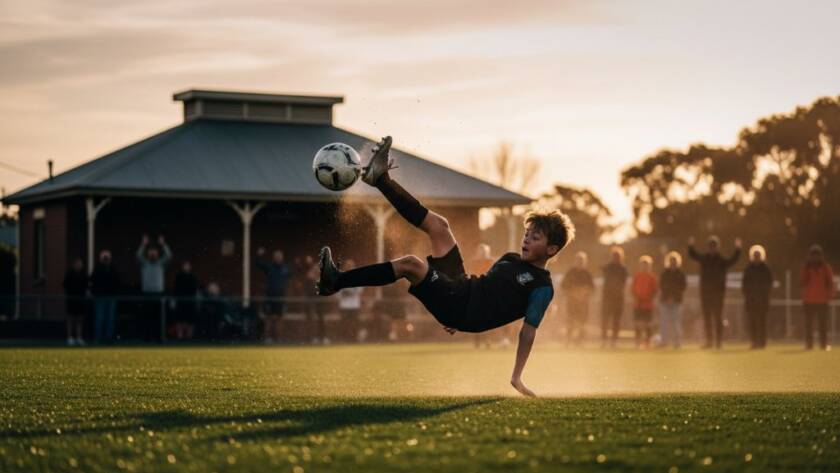 An energetic wide-angle shot capturing Hampton Victoria youth sports action photography: a soccer player in mid-air, kicking a ball towards the goal under dramatic golden hour light, crowd cheering in the blurred background at a Hampton park.