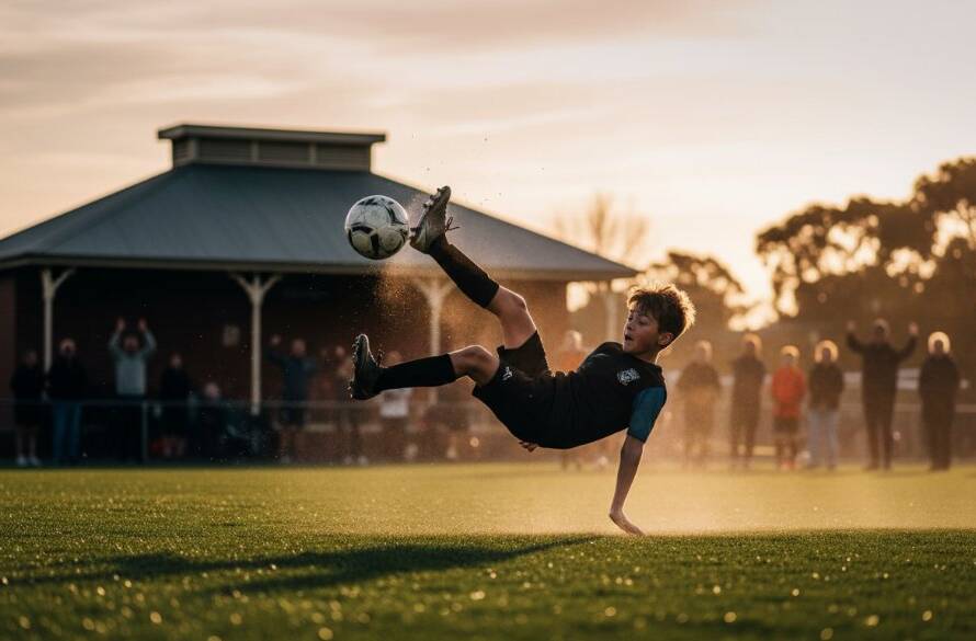 An energetic wide-angle shot capturing Hampton Victoria youth sports action photography: a soccer player in mid-air, kicking a ball towards the goal under dramatic golden hour light, crowd cheering in the blurred background at a Hampton park.